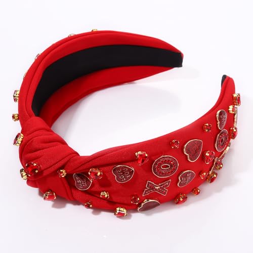 boderier Valentines Day Headband Red Pink Heart Headband Jeweled Crystal Knotted Headband Valentines