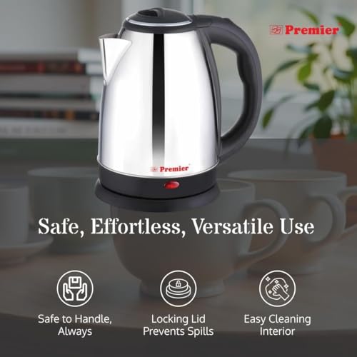Image of Premier Sizzle Stainless Steel Electric Kettle with Stainless Steel Body | 1.5 litre | Used for Boiling Water, Making Coffee and Tea Varieties, Noodles, Soups | 360 Swivel Power Base | Auto Cut Off