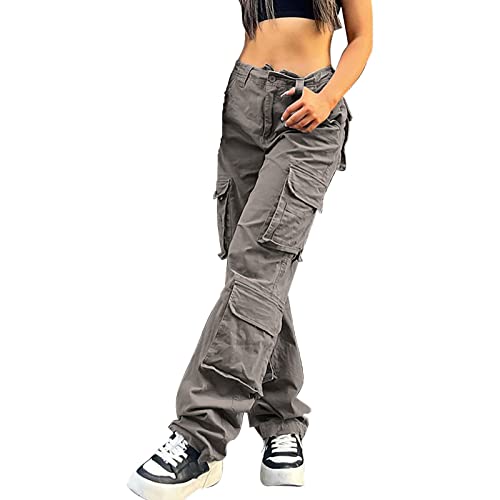 Cargohose Damen Low Waist Cargo Jeans Gerade Breites Bein Baggy Denim Hosen...