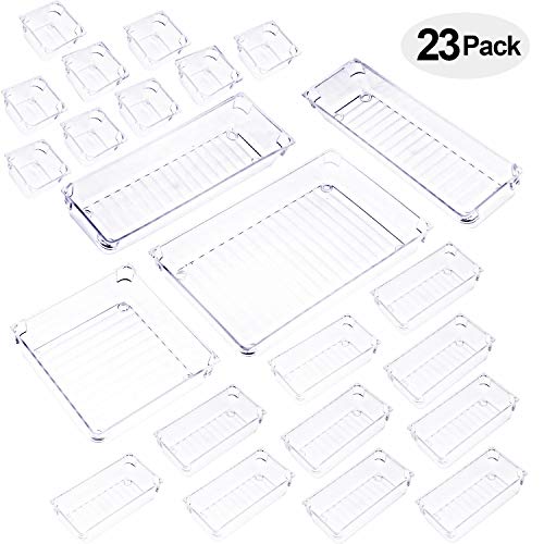 Qozary 23 Pack Clear Plastic Drawer Organizer Containers, Storage for Desk Drawers Trays, Kitchen Bathroom Makeup Drawer Dividers with 5-Size Large Capacity Bins, 23 Trays for Bedroom Dresser Drawer