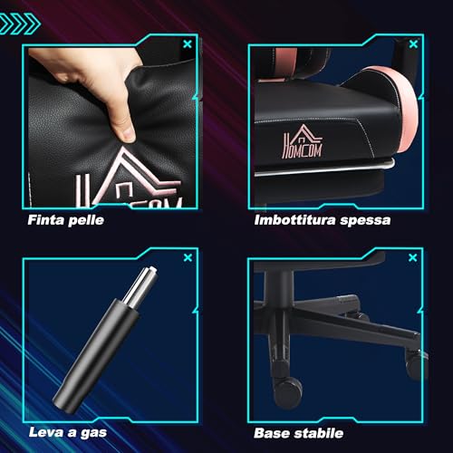 Sedia Gaming Ergonomica con Orecchie da Gatto, Poltrona Gaming Ufficio Reclinabile in Finta Pelle con Poggiapiedi, Poggiatesta e Altezza Regolabile, Supporto Lombare e Cervicale, Nero - Sedia gaming - Immagine 7