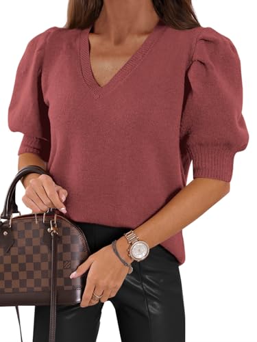 Image of Womens Puff Short Sleeve Sweater Tops 2026 Spring Summer Trendy Casual T Shirts Blouses