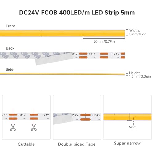 Image of 5mm COB LED Strip Light DC24V Narrow Thin Flexible High Density Uniform 3000K Warm White Cob Strips 400leds /m 16.4FT Dimmable CRI 90+ LED Tape Lights for Car Cabinets, No Controller /Adapter