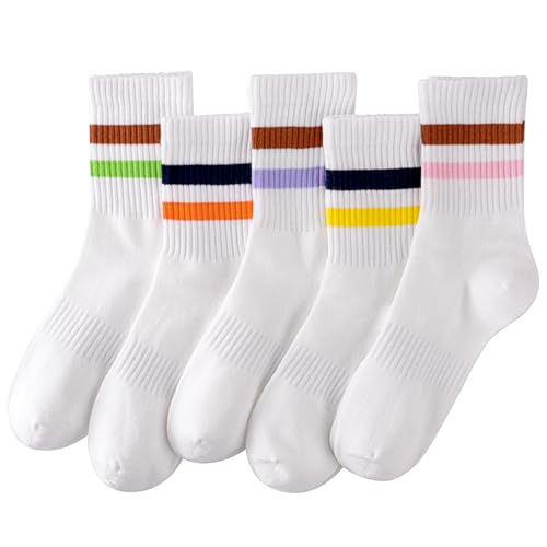 HONGTEYA Cotton Crew Socks for Women Cute Retro Striped Socks 5 Pairs with Arch Support Casual Athletic Vintage (Multicolor)