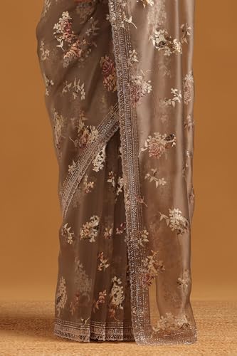 Image of Soch Womens Organza Floral Saree With Stone Work