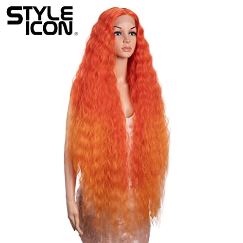 Style Icon 41” Lace Front Wigs Long Wavy Synthetic Wigs With Baby Hair Half Hand Tied 130% Density Wigs (41", T-Red/Orange) #TOP6