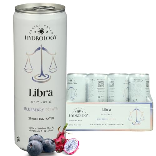 Hydrology Zodiac Water - Libra Blueberry Pitaya - Organically Flavored Social Sparkling Water with unique Vitamins and Minerals tailored to the Libra Zodiac Sign, Astrology Drink for Birthday Gift (12-Pack, Libra - Blueberry Pitaya)