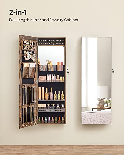 Image of SONGMICS Engineered Wood Lockable Jewelry Cabinet Armoire, Wall-Mounted Storage Organizer With Full-Length Frameless Mirror, 14.8 X 3.8 X 42.5 Inches, Rustic Brown