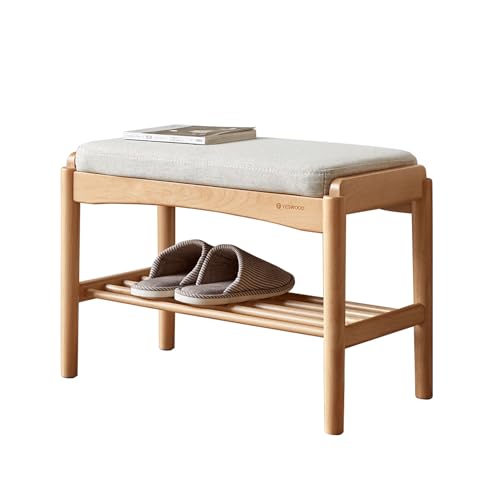 YESWOOD Banc à Chaussures en Hêtre Massif, Banc d'Entrée Rembourée en Tissu Effet Lin, Livré Monté, 60 x 30 x 42 cm, Hêtre Naturel