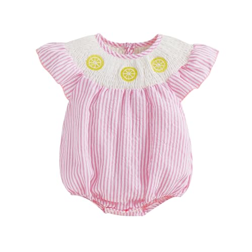 Image of Motlapol Baby Girl Watermelon Romper Sleeveless Ruffle Smocked Bubble Bodysuit with Pockets Cute One Piece Summer Outfits