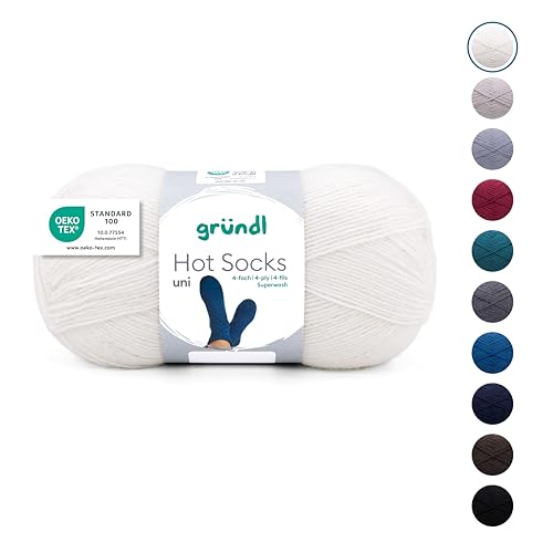 Gründl Wolle Hot Socks uni 100, Sockenwolle / Sockengarn 4-fach 1 Knäuel 100 g / 420 m (75 % Schurwolle (superwash), 25 % Polyamid), weiß