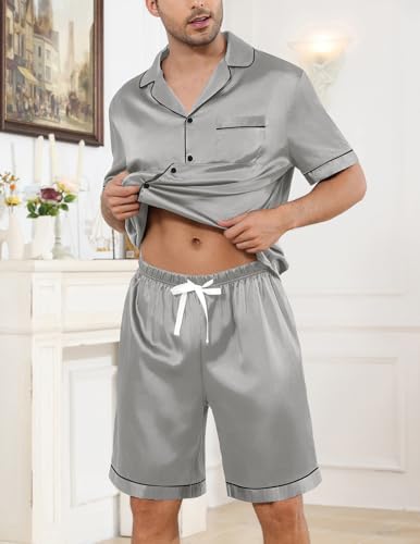 Image of Veseacky Mens Silk Satin Pajamas Set Short Sleeve Sleepwear Button-Down Pjs Sets Two-Pieces Loungewear with Pockets S-XXL