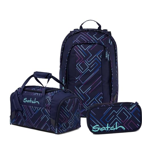 Satch Air Schulrucksack Set 3tlg. inkl. Schlamperbox und Sporttasche (Purple Laser)