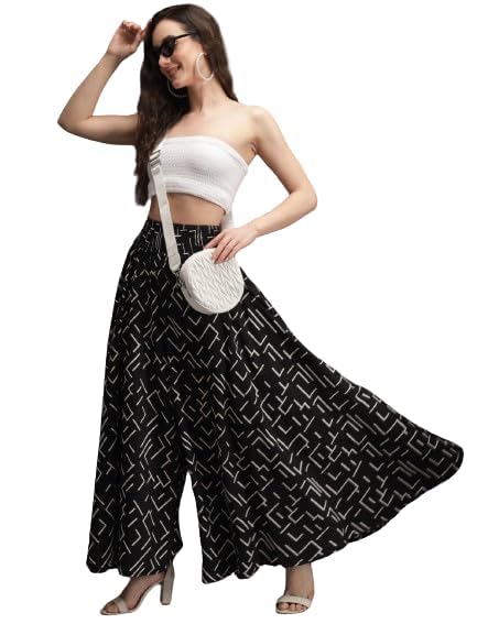 OMFEELS Presented Women's Black Geometric Print Wide Leg Palazzo Pants, Flared Style, Casual Wear-picture-40