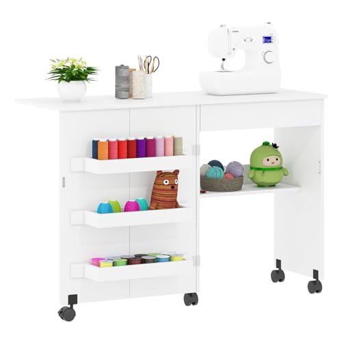 Rebonique Sewing Table, 2-in-1 Folding Hobby Craft Table, Sewing Machine Desk with Open Storage Shelves and Rolling Casters, Sewings Machine Cabinet Computer Desk Workstation for Home Office,White