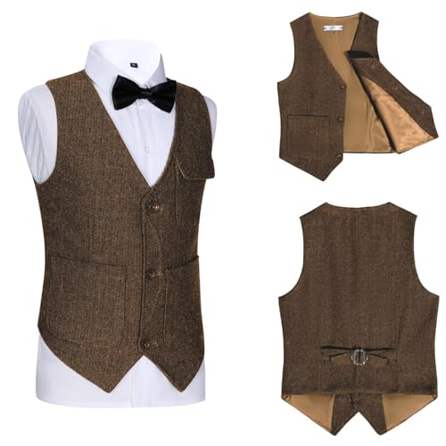 Image of Retro Boys Tweed Vest for Kids Formal Dress Herringbone Suit Vest for Toddler Boy Wedding Waistcoat