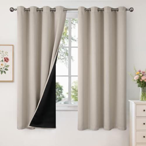 Image of YoungsTex Camel 100% Blackout Curtains 63 Inches Length for Bedroom, Short Thermal Insulated Window Drapes with Grommet Energy Saving Darkening for Living Room, 2 Panels, 52 X 63 Inch