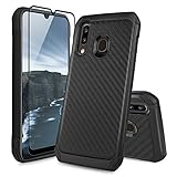 TJS Phone Case for Samsung Galaxy A50/Galaxy A30/Galaxy A20, with [Full Coverage Tempered Glass Screen Protector] Dual Layer Hybrid Shock Absorbing Carbon Fiber Back Hard TPU Inner Layer (Black)