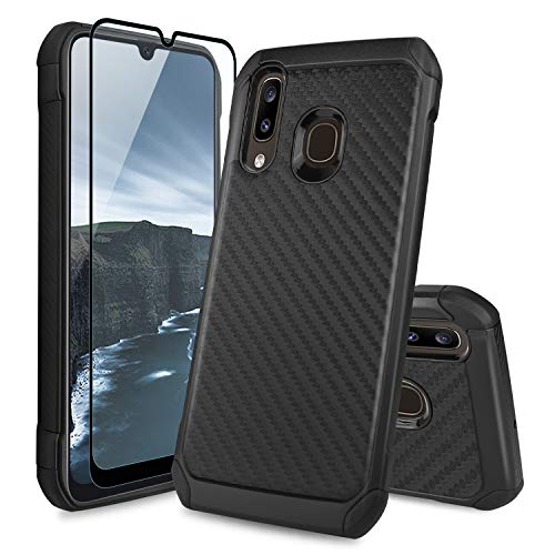 TJS Phone Case Compatible with Samsung Galaxy A50/Galaxy A30/Galaxy A20, with [Full Coverage Tempered Glass Screen Protector] Dual Layer Shock Absorbing Carbon Fiber Back Hard TPU Inner Layer (Black)