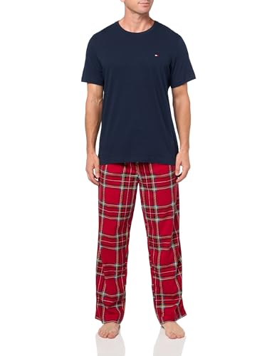 Tommy Hilfiger Men's Cozy Fleece Sleep Set, Navy, Tango Red Plaid, M