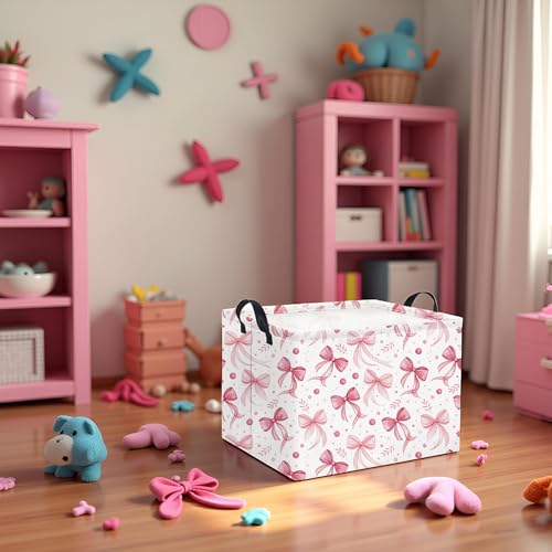 Image of Rectangular Pink Basket for Girls Kids Baby Storage Basket Toy Storage Bin Organizer Box Room Decor(Pink Bowknot)