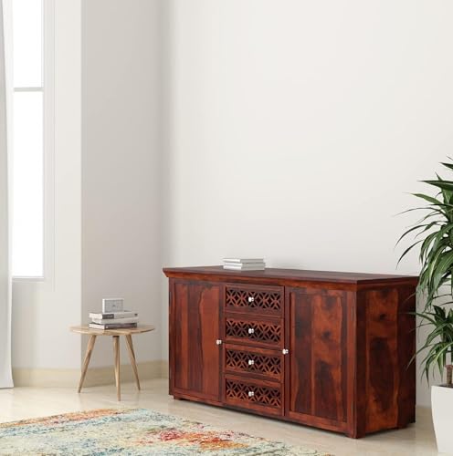 Image of SHIKHA WOOD CRAFT Solid Sheesham Wood Sideboard Cabinet with 2 Doors and 4 Drawers Storage | Wooden Kitchen Cabinet, Crockery Unit, Dining Room Organizer, Living Room Storage Furniture (Honey Finish)