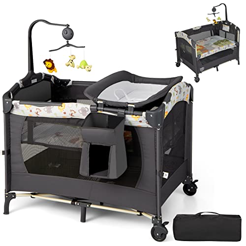 COSTWAY 3 en 1 Lit Parapluie Bébé avec Berceau en Tissu Oxford, Lit de Voyage avec Centre Musical et Table à Langer pour Bébé 0-36 Mois Hauteur Réglable Gris