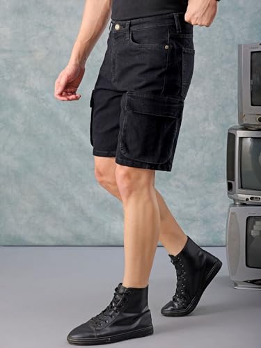 Image of The Indian Garage Co Men Relaxed Fit Solid Mid-Rise Denim Cargo Shorts