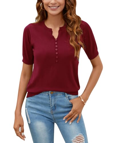 Image of Women Summer Knit Shirt Blouse V Neck Short Sleeve Pullover Sweater Tops