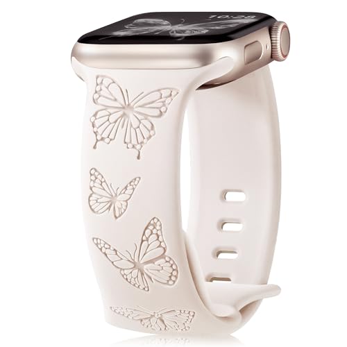 YGTIECS Butterfly Engraved Bands Compatible with Apple Watch Bands for Women 45mm 44mm 42mm 49mm, Elegance Silicone Butterflies Embossed Strap for iWatch Bands Series Ultra 2 Ultra SE 9 8 7 6 5 4 3 2