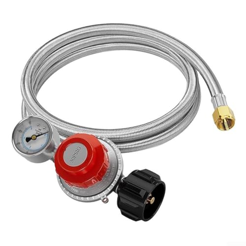 DAZZLEEX Válvula reductora de presión con manómetro, manguera de 1,5 m, rango de presión ajustable de 0 a 30 psi, manguera de acero inoxidable para cocinar al aire libre (3,6 m)
