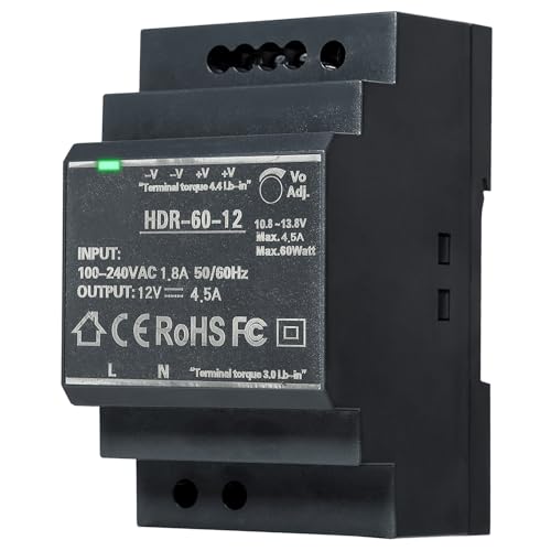 Image of DIN Rail Power Supply, 60W 12VDC 4.5A Switching Power Supply with Overload Protection and Stable DC Output (HDR-60-12)