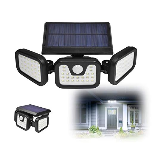 Luz Solar LED Exterior, IP67 6500K 50W 74 Luces Solares de Jardín al Aire Libre, Rango de irradiación de 270° ajustable, Sensor de movimiento, iluminación 3 modos, Foco solar para exteriores (1 pieza)