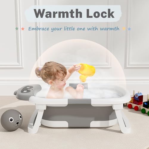 Image of AVIDOR Baby Bathtub,Collapsible Baby Bathtub for Newborn to Toddler,Durable Essential Infant Bath Tub,Portable Travel Baby Tub with Soft Bath Net,No-Slip Feet and Dinosaur Shaped (Grey)