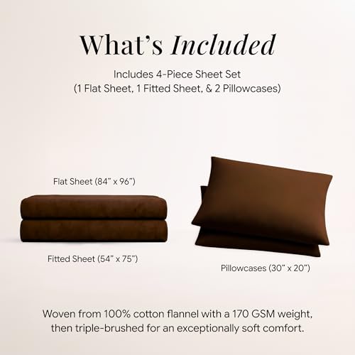 Image of Tribeca Living Triple Brushed Soft Cotton Flannel Sheets Set, Full Size 170-GSM Weight Extra Deep Pocket Sheet in Solid Chocolate Color
