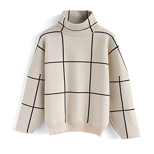 CHICWISH Women's Comfy Casual Long Sleeve Cream Grid Turtleneck Knit Top Pullover Sweater - Image 3