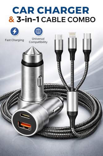 Image of 40W Fast Car Charger Combo | Dual Port USB-A + Type-C | 3-in-1 Charging Cable (Micro USB, Lightning & Type-C) | Universal Car Charger - 𝟭 𝗬𝗥𝗦 𝗪𝗔𝗥𝗥𝗔𝗡𝗧𝗬