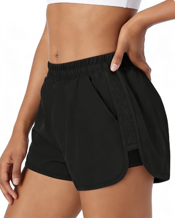 Shdykj Womens Running Shorts with Liner Womens 2 in 1 Athletic Shorts Quick Dry Shorts with Pockets for Walking Gym Hiking