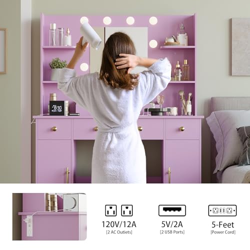 Image of Wodeer Makeup Vanity Desk with Mirror and Lights, 43 inch Purple Vanity Set with 3 Drawers, Power Outlet & Adjustable RGB LED Lights, Dressing Table with Storage Shelf for Women & Girls Bedroom