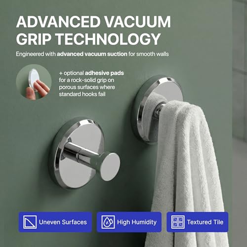 Image of HOME SO Suction Cup Hooks for Shower & Bathroom Towel Holder 2-Pack - Suction Cups Hooks for Hanging Towels, Robes, & Coats - Tiles, Glass Door or Mirror - Shower Hooks & Towel Hooks Organizer -Chrome