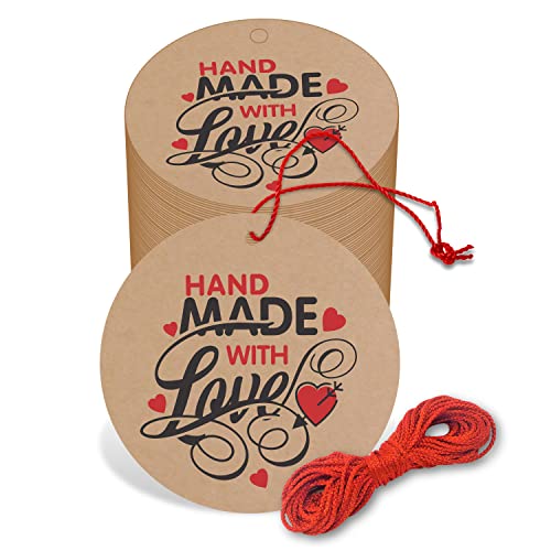 Image of Clickedin - 2 Inches Hand Made with Love Craft Tags for Packaging with String 50 Pieces