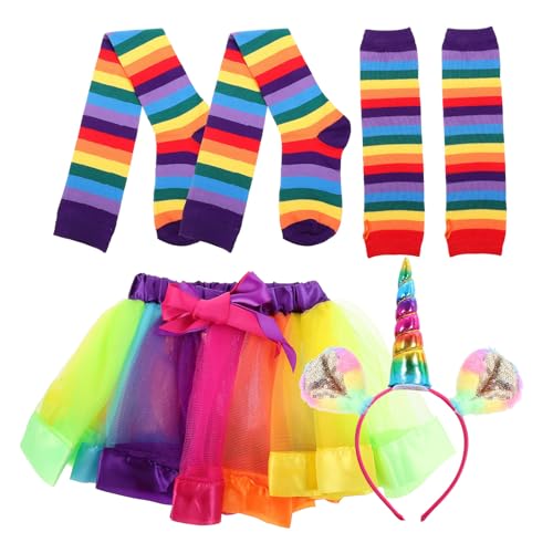 Gatuida Conjunto de 4 Piezas para Niñas Falda Tutú Arcoíris de Poliéster, Diadema de Unicornio y Guantes sin Dedos Cómodos y Flexibles para Fiesta de Noche
