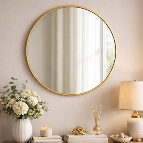 Image of Sidra Decor Metal Frame 22 Inch Round Wall Mirror for Home Decoration | Wall Mounted Circle Mirror for Bathroom, Living Room, Bedroom, Hallway, HD Vanity Mirror wash Basin (Gold Frame)