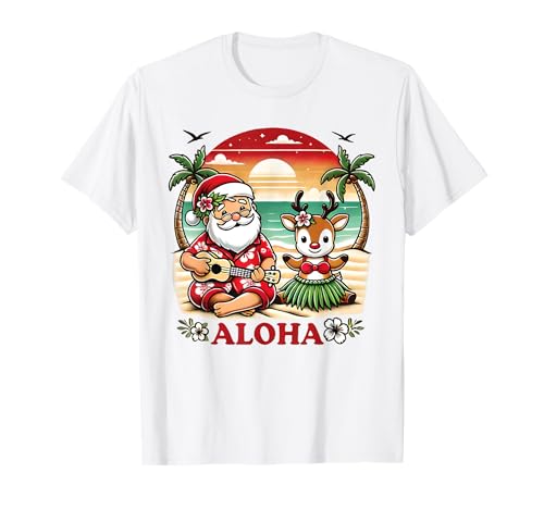 Hawaiian Christmas Mele Kalikimaka Santa Renna tropicale Maglietta