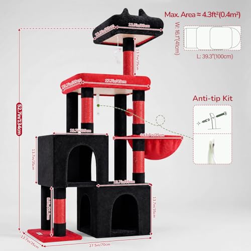 Image of Globlazer 52in Gothic Cat Tree for Indoor Cats, 2 Condos, S52, Black Red | Multi-Level Plush House, 5 Sisal Scratching Posts, 2 Padded Top Perches, Big Metal Basket, Stable Enlarged Base