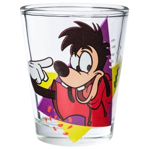 Image of Silver Buffalo Disney A Goofy Movie Featuring Goofy, Max Goof, Roxanne and Bobby Zimuruski 4 Pack Mini Glass Set, 1.5 ounces