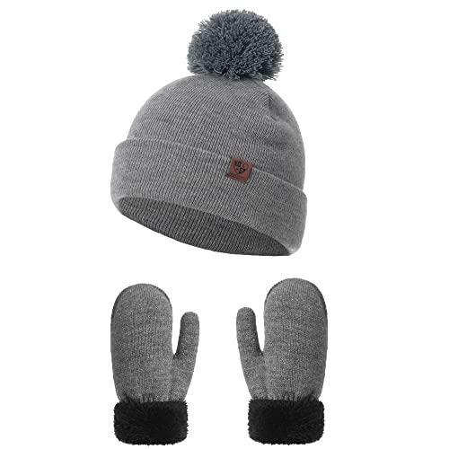 Lazz1on Conjunto de Gorro y Guantes Invierno Sombrero con Pompones de Punto para Niños y Niñas 3-6 años Cover