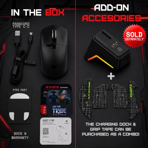 Image of EvoFox Ghost X Ultra Light Wireless Gaming Mouse, 54g, Tri-Mode (2.4GHz, Bluetooth & Wired), 8000Hz Polling Rate, 30,000 DPI Sensor, 6 Programmable Buttons, Huano Switches