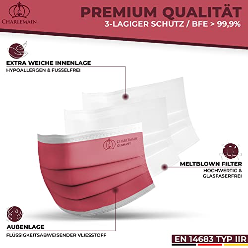 Charlemain 50x OP Masken, Made in Germany, EN 14683 Typ IIR, Medizinischer Mund-Nasen-Schutz, BFE >99,9% 3-lagig, Latexfrei, MNS, Einweg-Gesichtsmasken - Bordeaux Rot