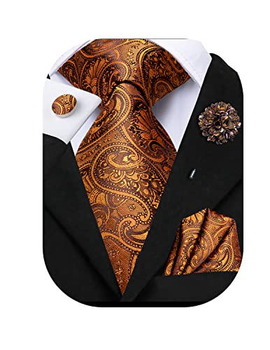 Hi-Tie Juego de gemelos cuadrados de seda para hombre, corbata de bolsillo y alfiler de solapa, jacquard, boda, negocios, corbata para formal, naranja oscuro, M